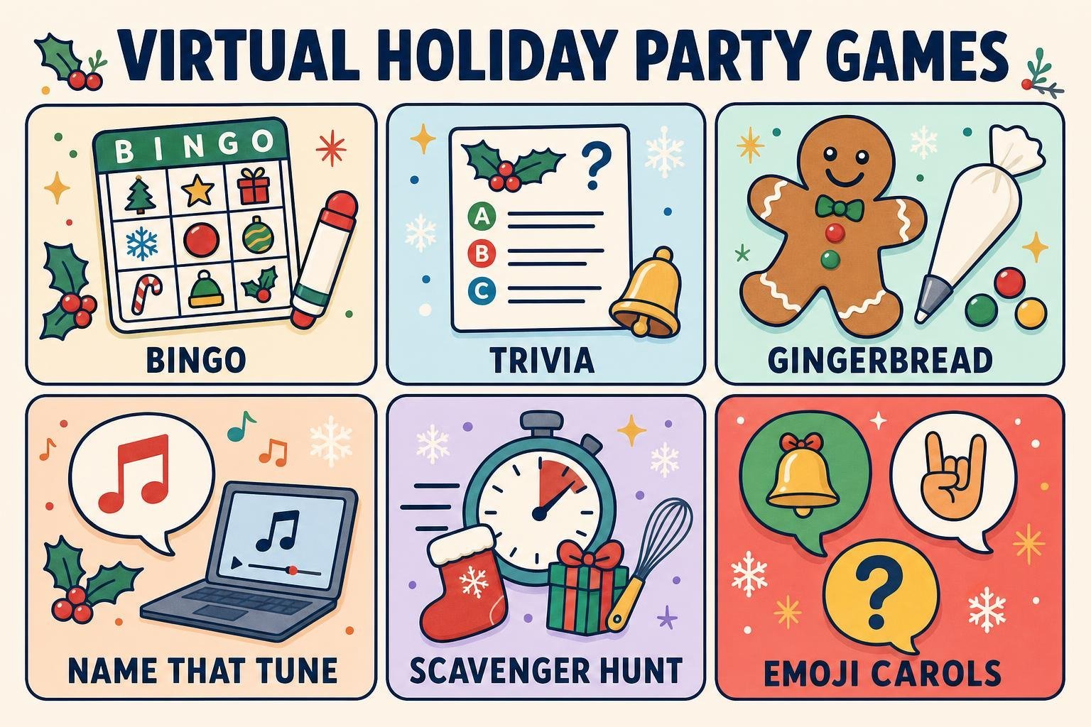Illustrated grid of virtual holiday party games: bingo, trivia, gingerbread showdown, name that tune, scavenger hunt, and emoji carol decoder