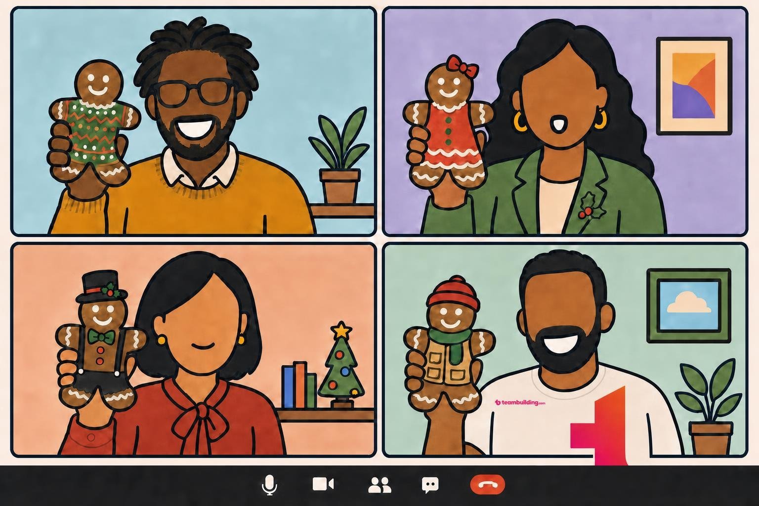 Video call grid of teammates holding up decorated gingerbread cookies during a gingerbread showdown game