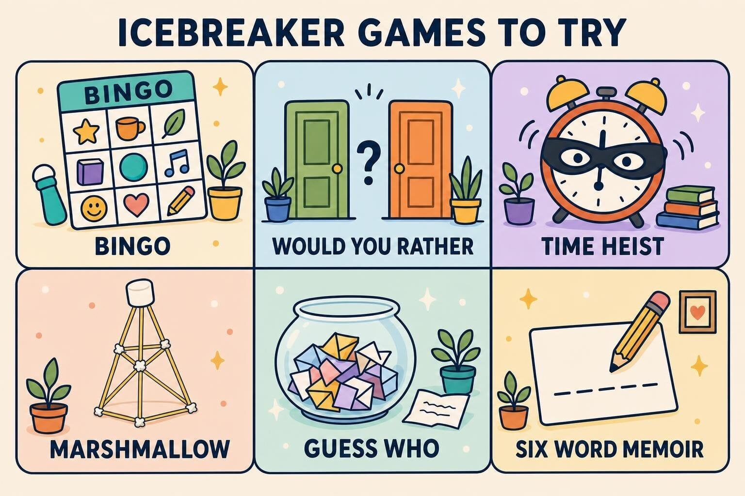 Illustrated grid of icebreaker games to try: Bingo, Would You Rather, Time Heist, Marshmallow Challenge, Guess Who, and Six Word Memoir