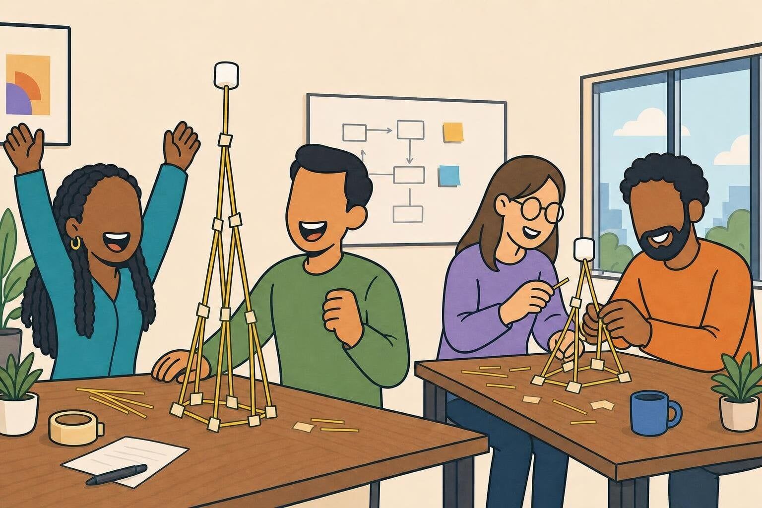 Cartoon illustration of two teams playing the Marshmallow Challenge — one celebrating a tall spaghetti tower while the other team races to finish theirs