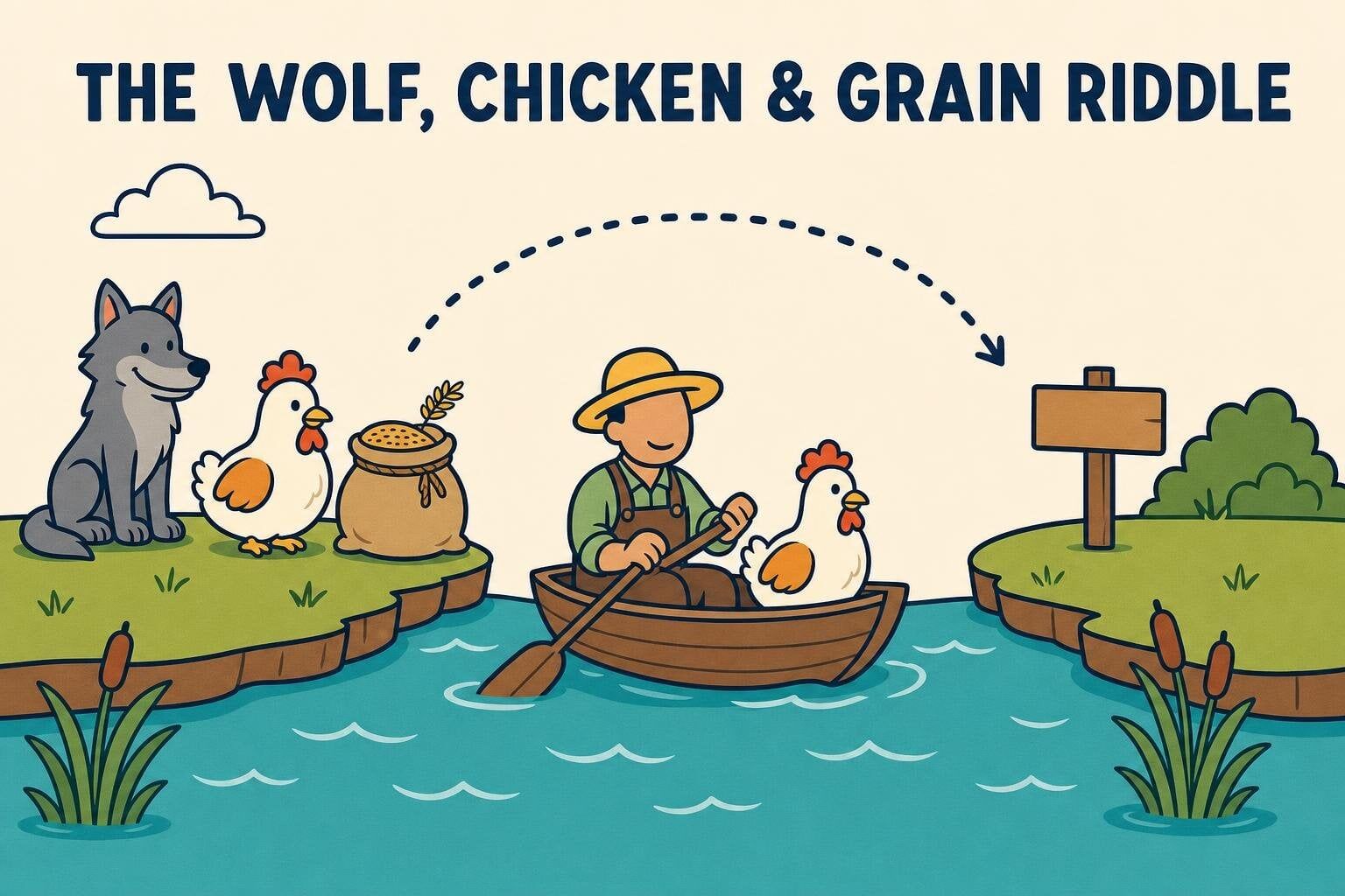 Illustration of the wolf, chicken and grain riddle: a farmer rows a chicken across a river while a wolf and a grain sack wait on the bank