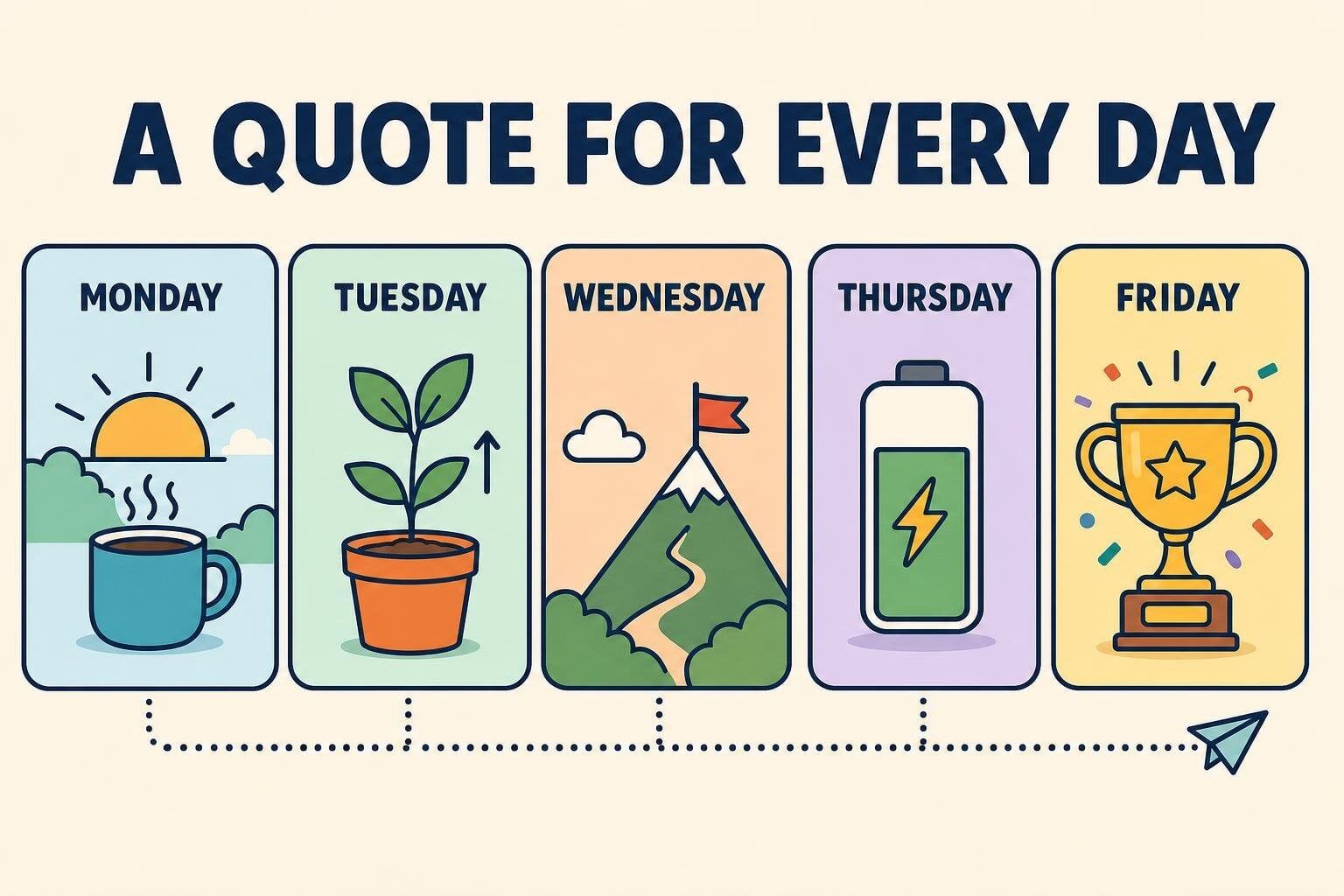 Illustration of a Monday-to-Friday strip showing the mood of each workday with a matching quote theme