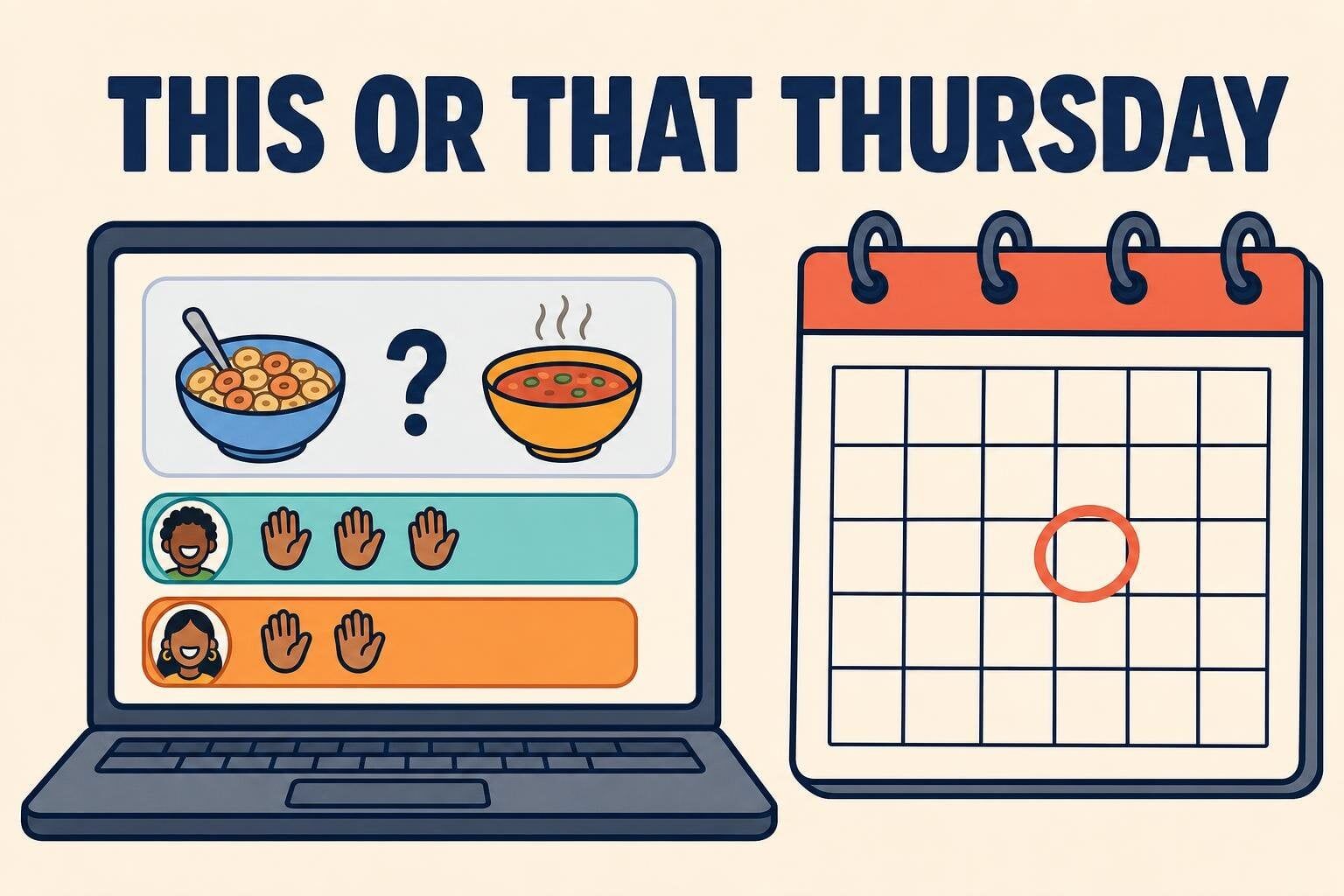 Illustration of This or That Thursday: a weekly team chat thread where coworkers vote between two options