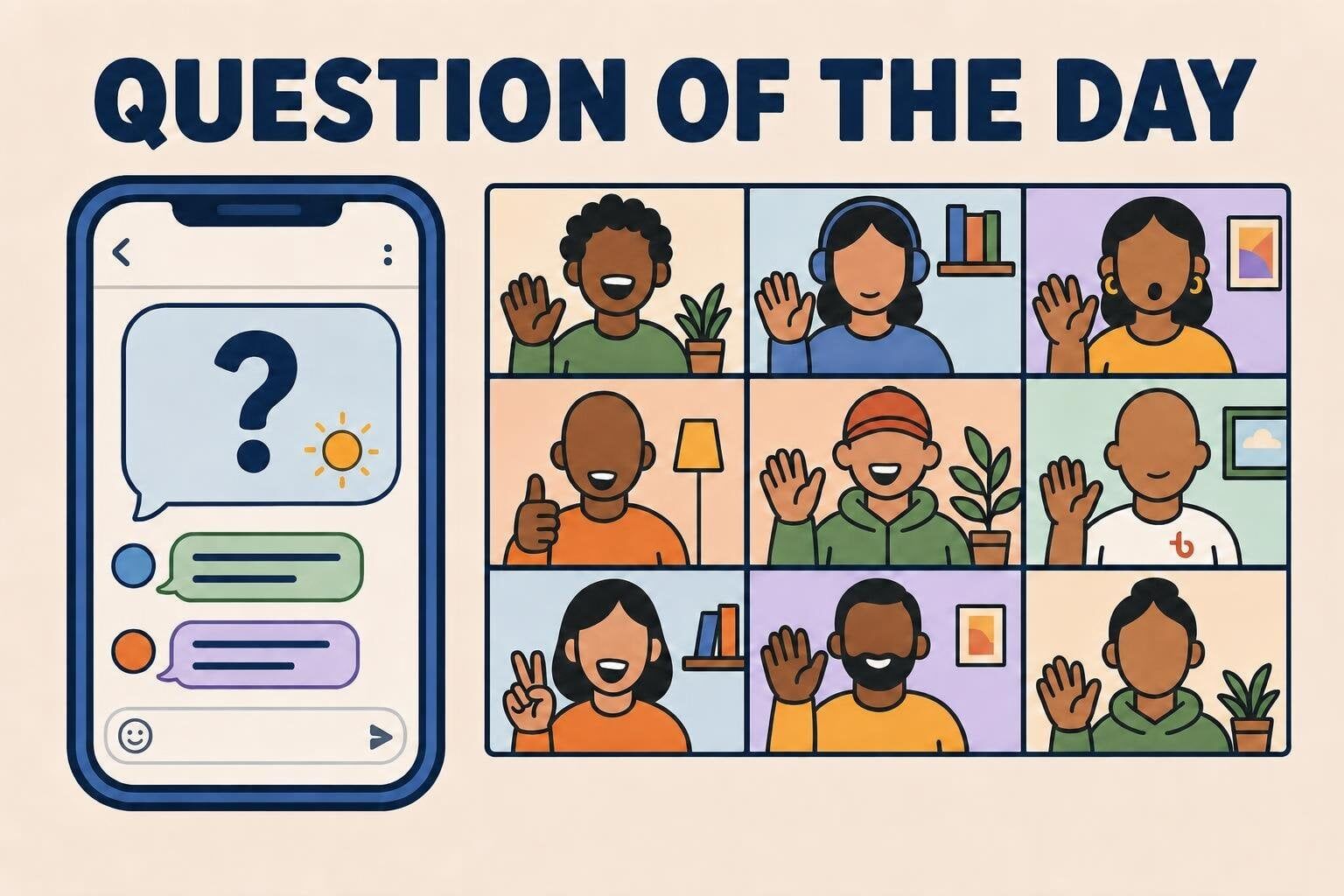 Illustration of a question of the day ritual: a morning team chat prompt collecting answers from coworkers through the day