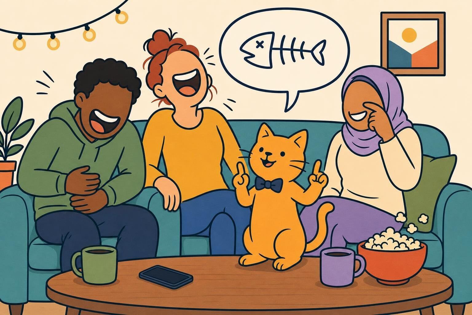 Cartoon illustration of friends laughing at a ridiculous random question about a talking cat