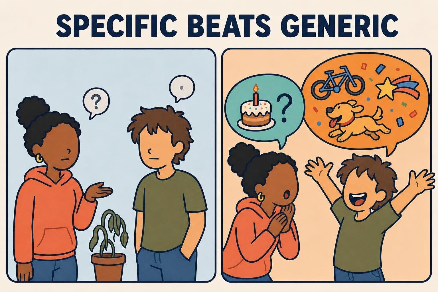 Comparison illustration: a generic question earning a flat answer versus a specific random question earning a story