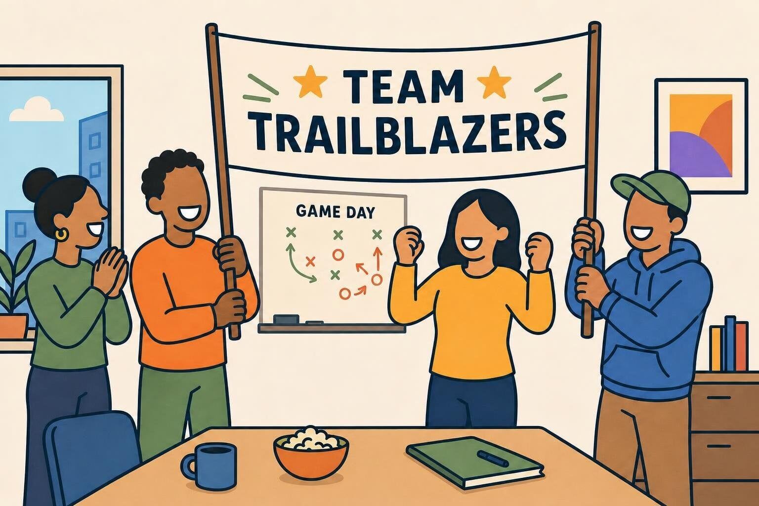 Cartoon illustration of a team laughing while unveiling their funny team name on a banner