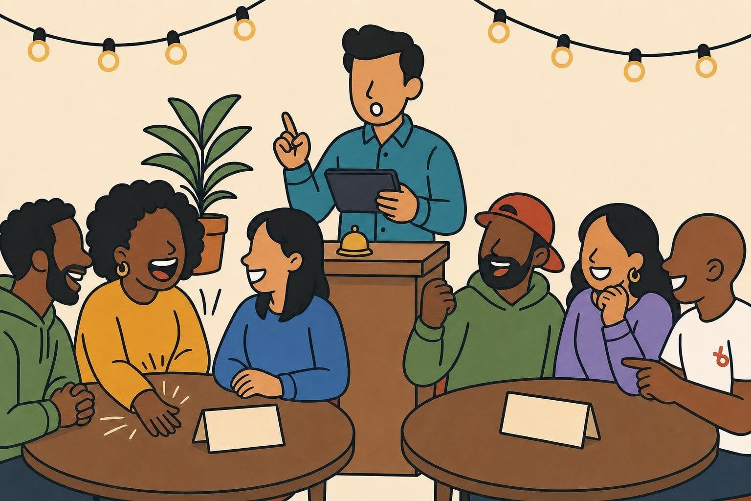 Cartoon illustration of a trivia night with teams behind table cards and a host reading team names