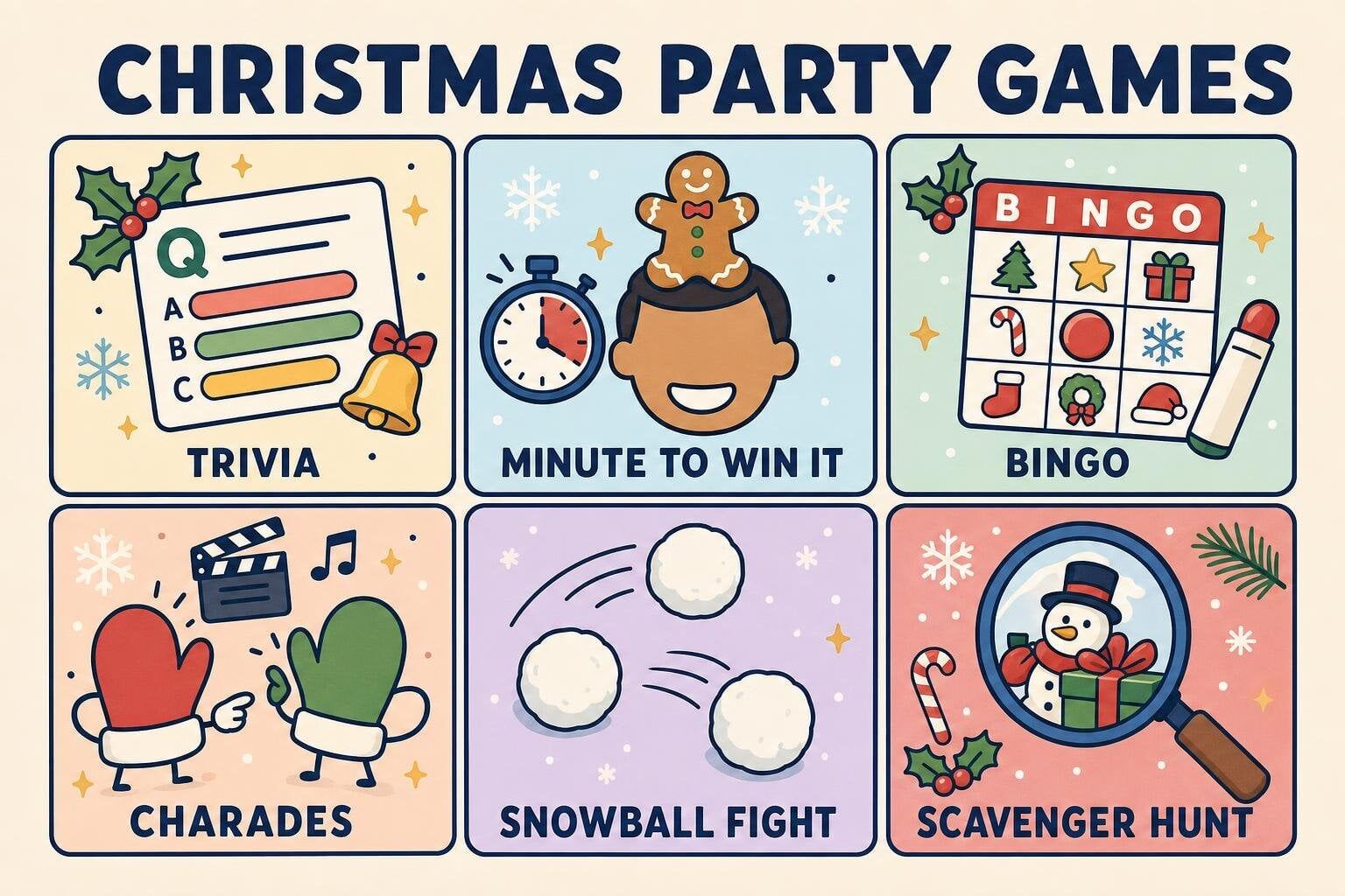 Illustrated grid of Christmas party games for work: trivia, minute to win it, bingo, charades, snowball fight, and scavenger hunt