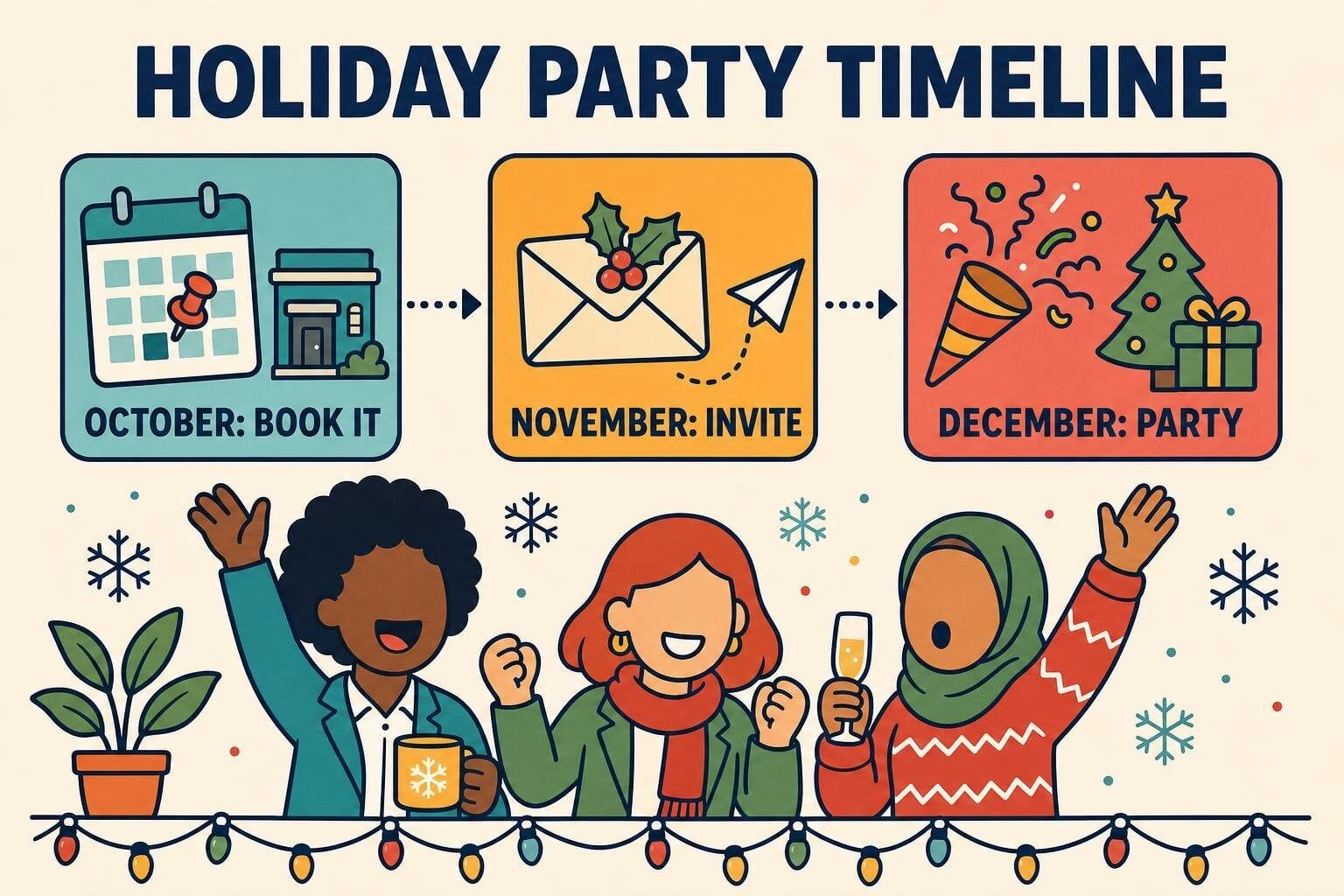 Holiday party planning timeline: book the venue and host by October, send invitations in November, party in December