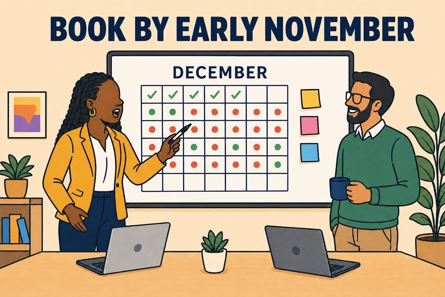 Illustration of a host planning a virtual Christmas party with a December calendar and a checklist on an office whiteboard