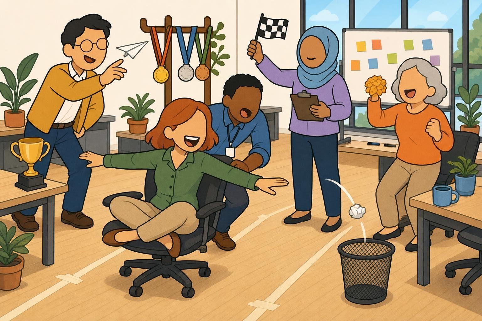 Flat cartoon illustration of coworkers competing in office games: chair curling, paper airplane throwing, and a mini field day station in a bright office