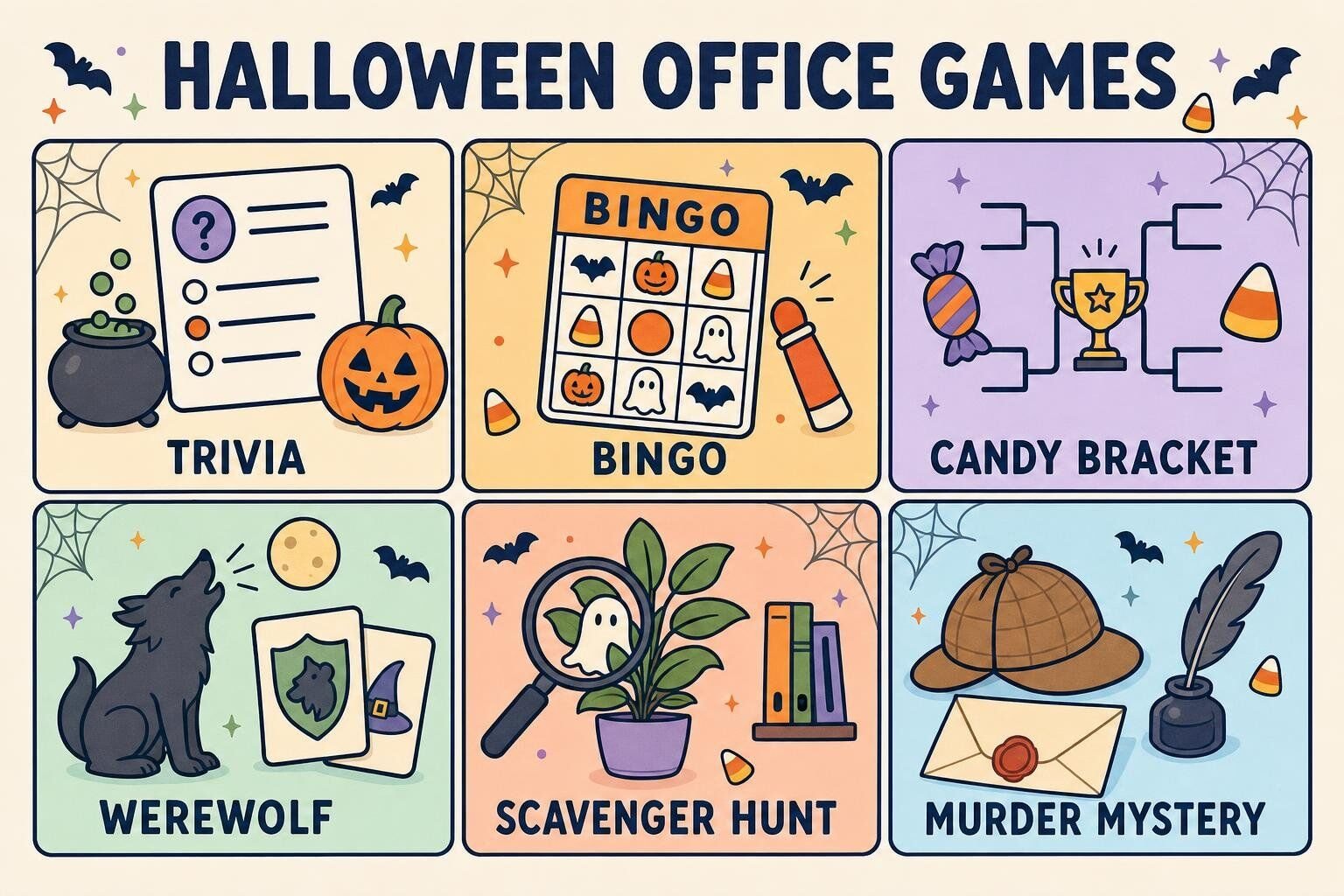 Illustrated grid of Halloween office games: trivia, bingo, candy bracket, werewolf, scavenger hunt, and murder mystery