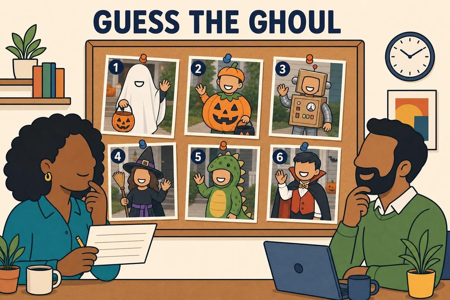 Guess the Ghoul instructions: collect old costume photos, number and post them, then have coworkers guess who is behind each costume