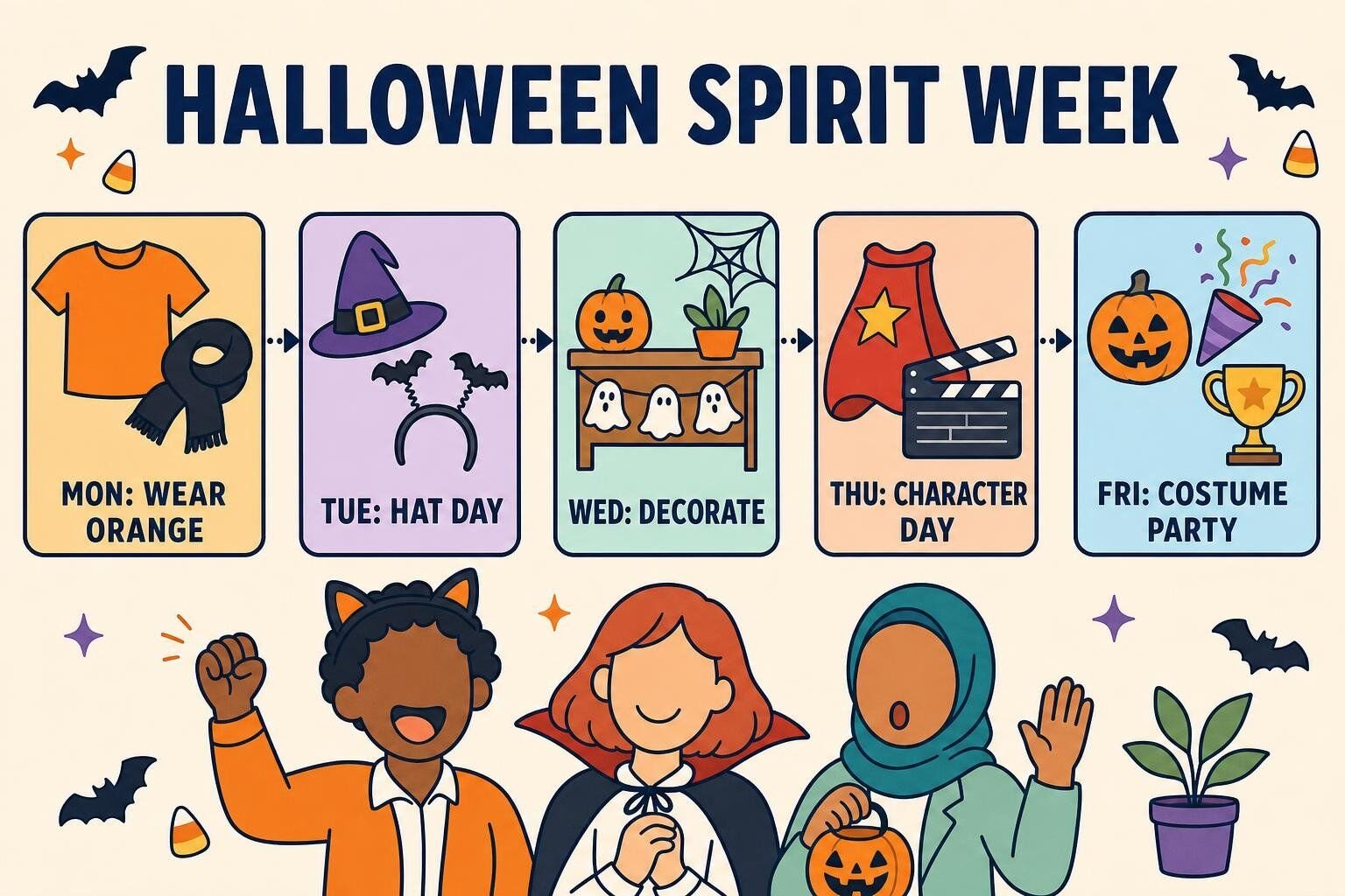 Halloween spirit week schedule: wear orange Monday, hat day Tuesday, decorate Wednesday, character day Thursday, and costume party Friday