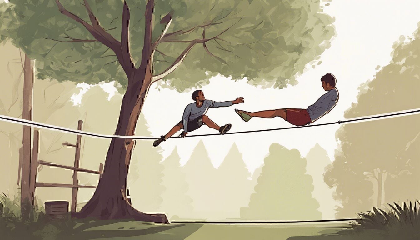 Cartoon of two figures on a tightrope in a forest