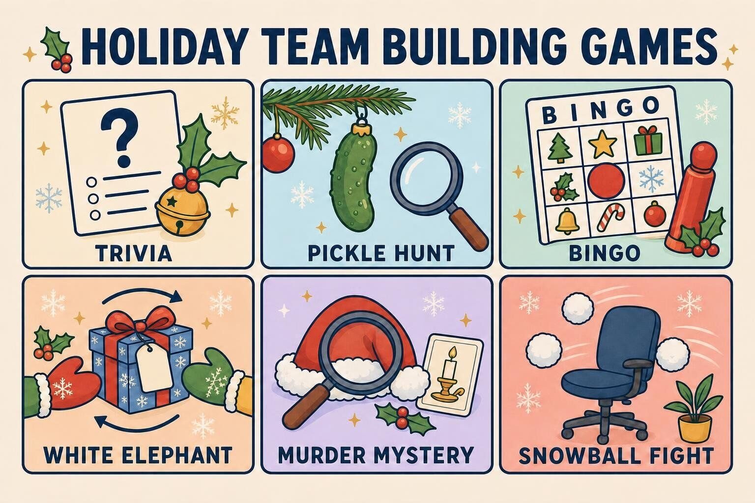 Illustrated grid of holiday team building games: trivia, hidden pickle hunt, bingo, white elephant, murder mystery, and snowball fight