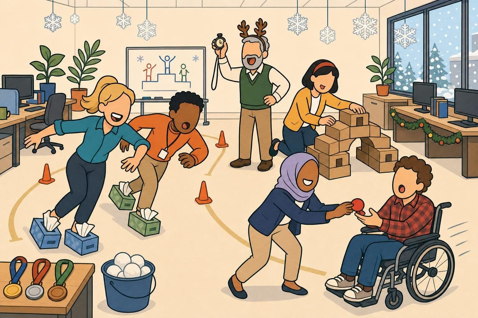 Illustrated winter office Olympics scene: coworkers racing with tissue-box skates, building a cardboard igloo, and passing a red foam nose in a relay