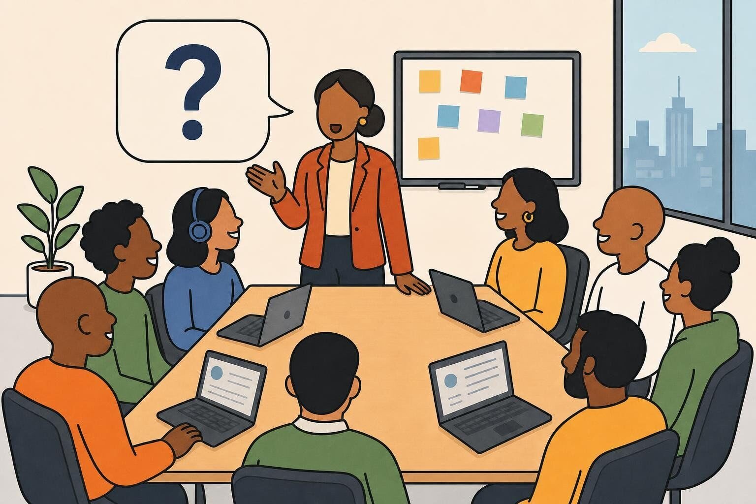 Illustration of a team meeting in a conference room where a facilitator asks an icebreaker question and coworkers respond with speech bubbles