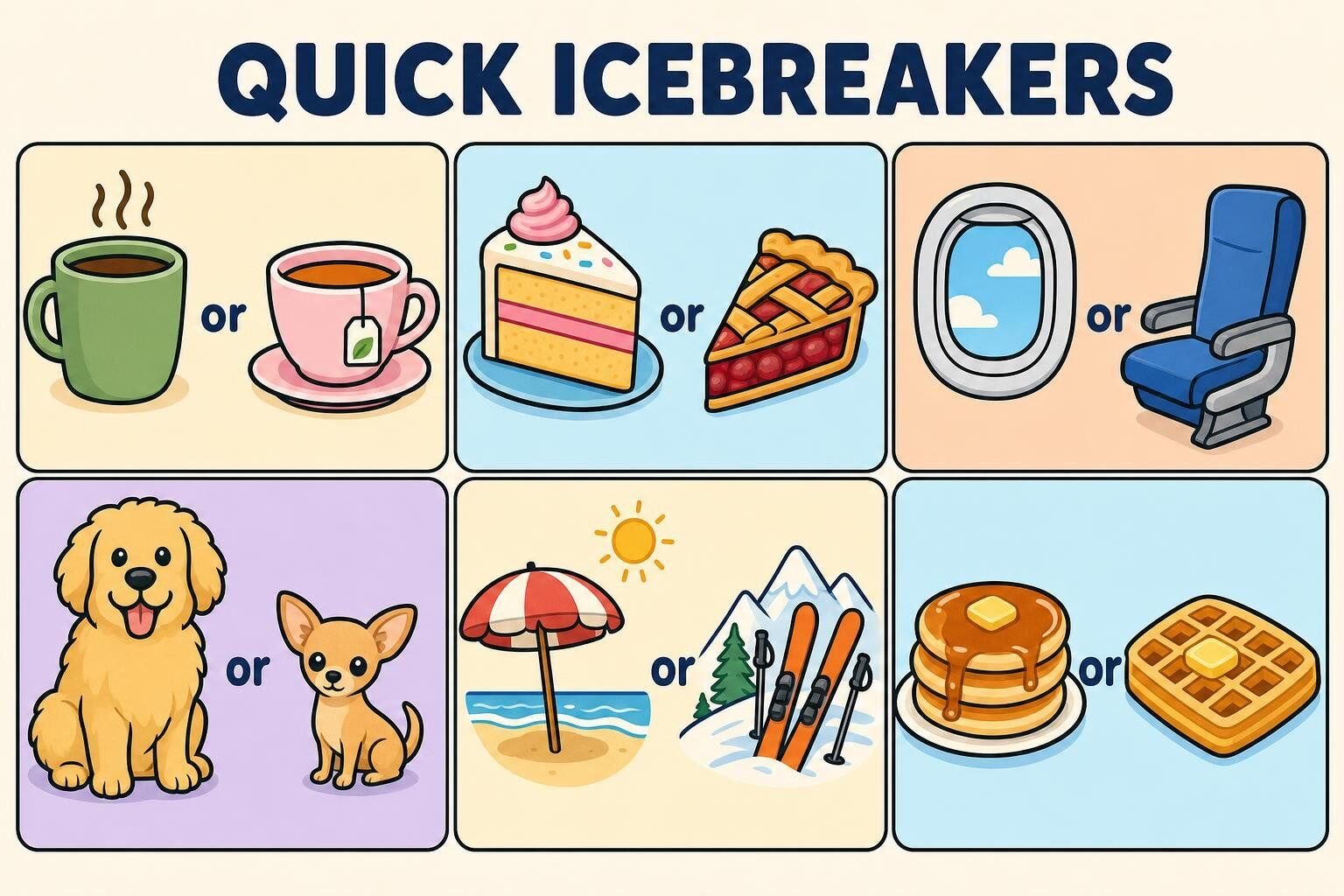Grid illustration of quick either-or icebreaker choices like coffee or tea, cake or pie, and window or aisle
