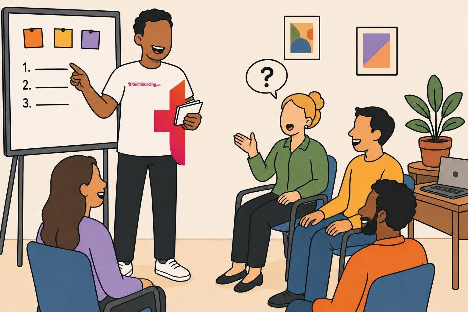Illustration of a facilitator leading an icebreaker session in an office, pointing to a whiteboard while seated coworkers answer in turn