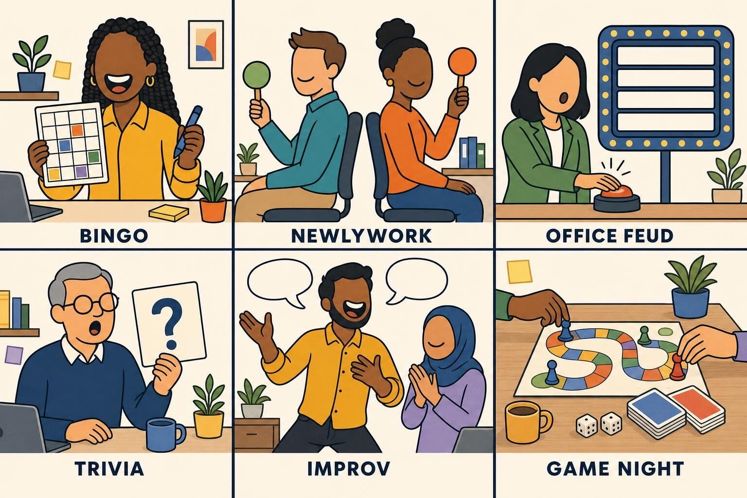 Illustrated grid of team bonding games: bingo, the Newlywork game, office feud, coworker trivia, improv, and board game night