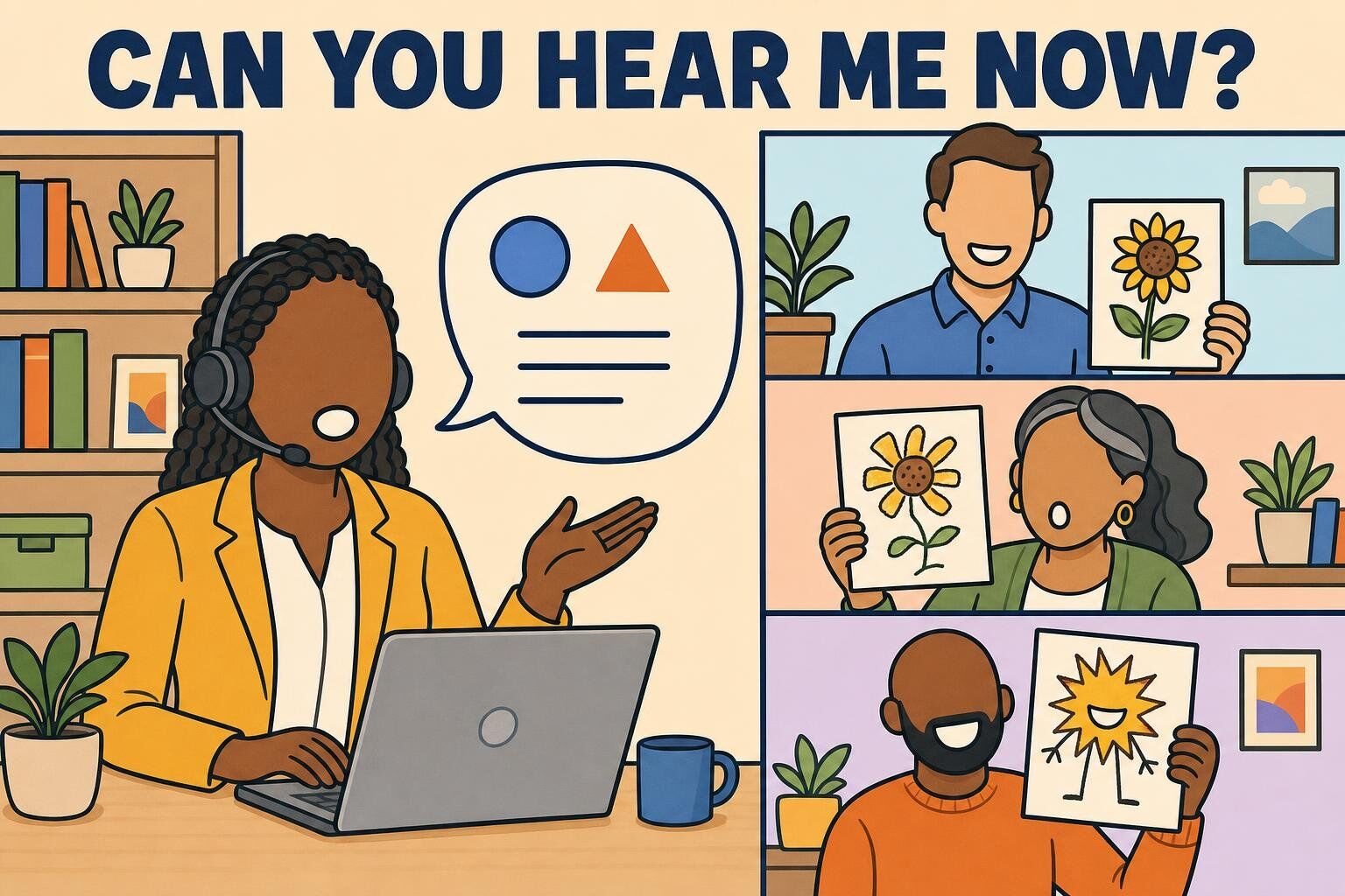 Explainer illustration of the Can You Hear Me Now game: one coworker describes shapes while teammates draw very different results