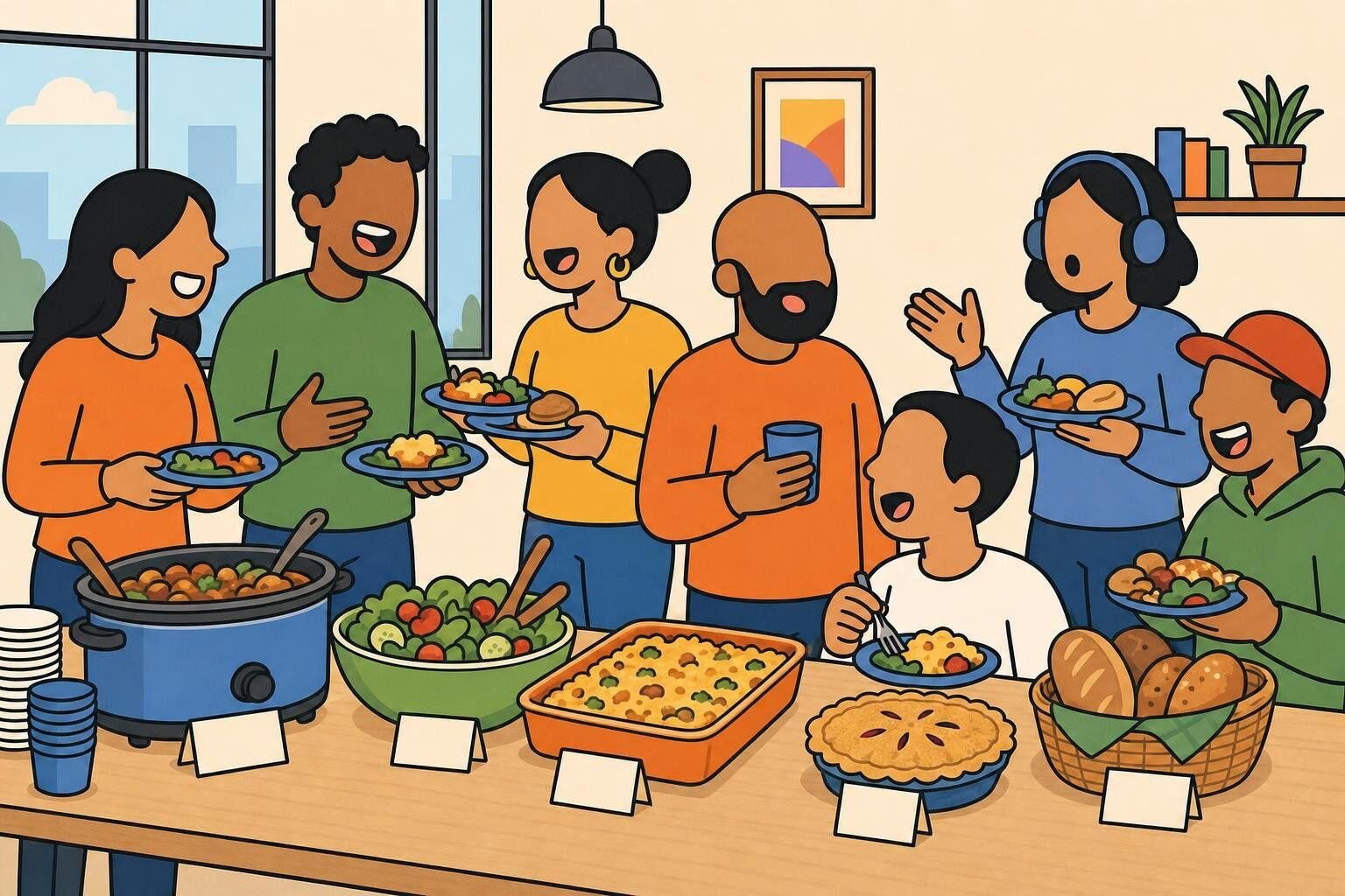 Illustration of a team potluck in a bright office with coworkers sharing homemade dishes around a long table