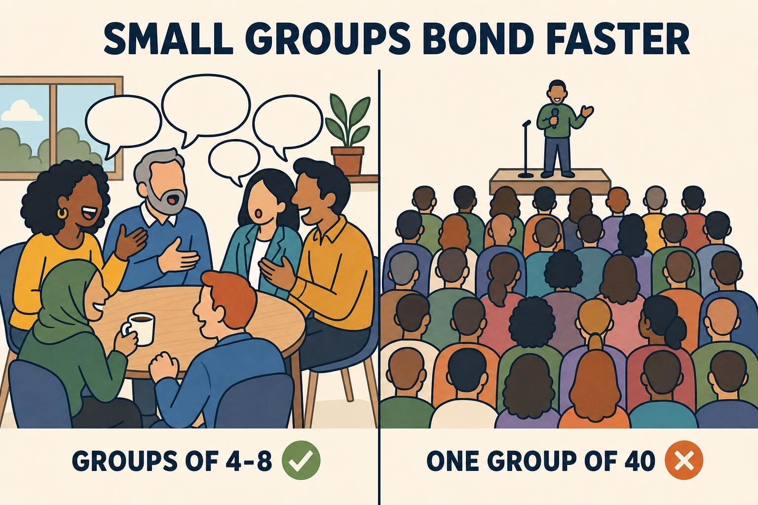Illustration comparing a small group of six coworkers connecting around a table with a large crowd where individuals get lost
