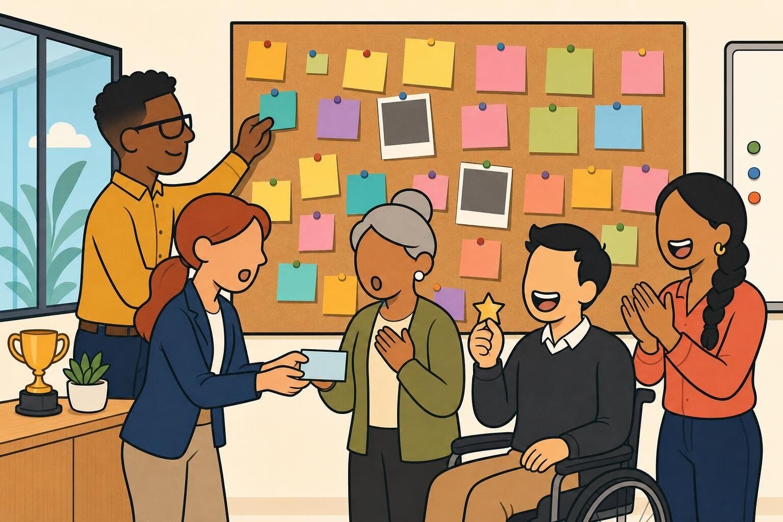 Illustration of coworkers at a peer recognition wall pinning notes, sharing a thank-you card, and celebrating