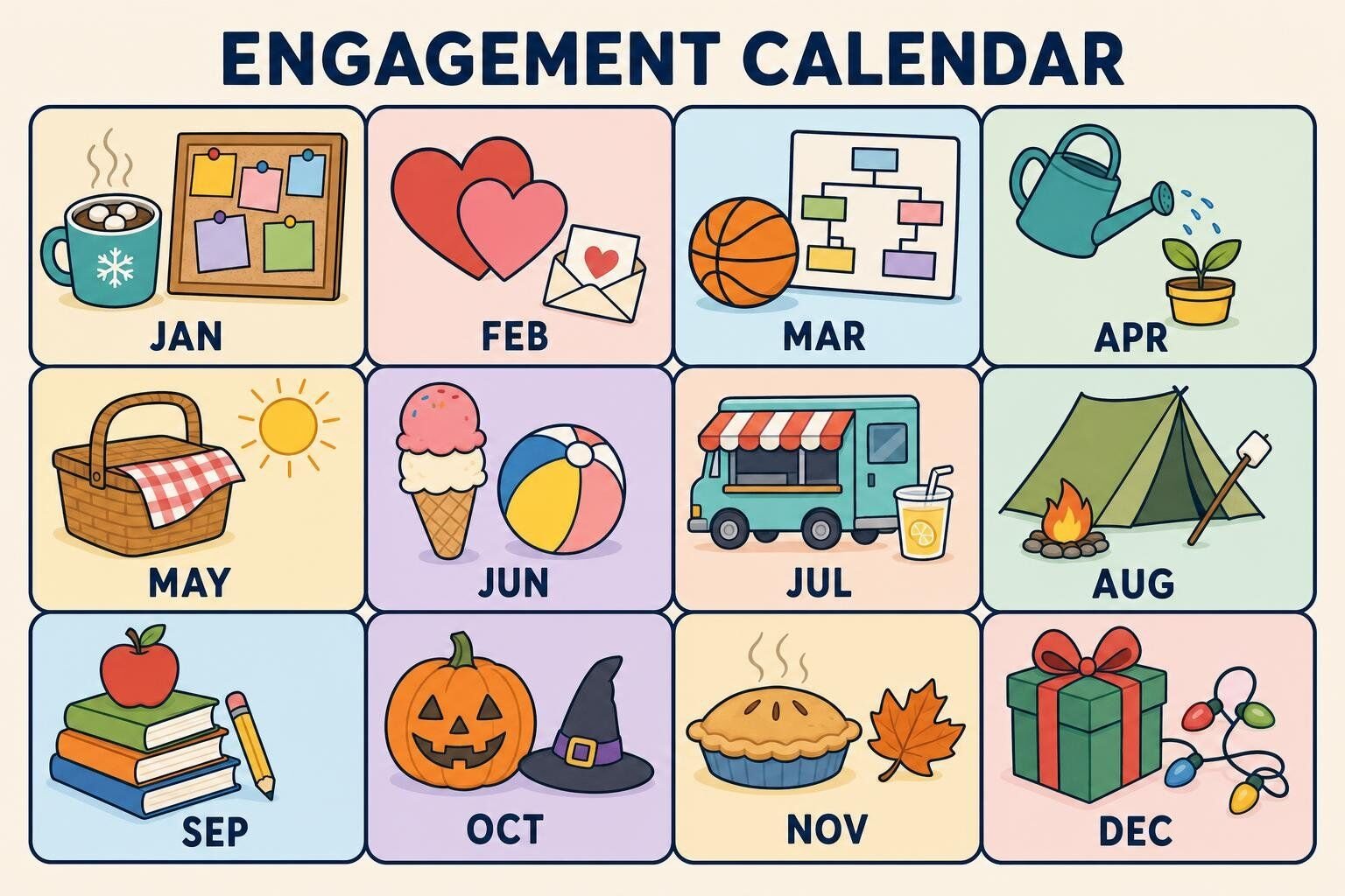 Illustrated employee engagement calendar with a themed activity icon for each month of the year