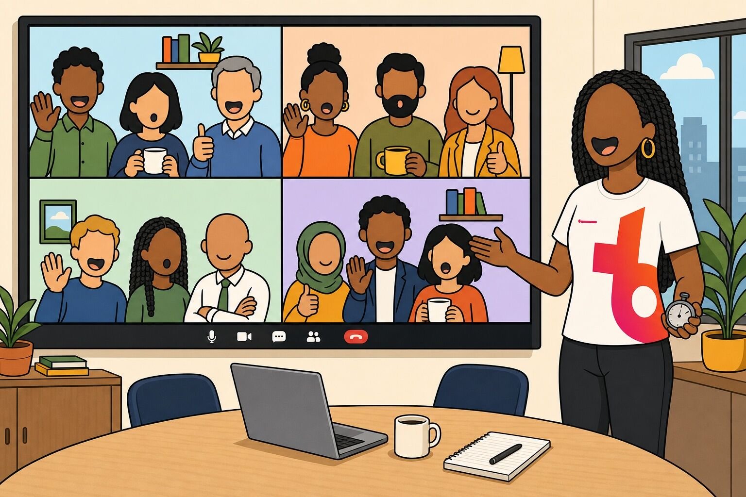 A host running breakout rooms for a large Microsoft Teams group from an office meeting room