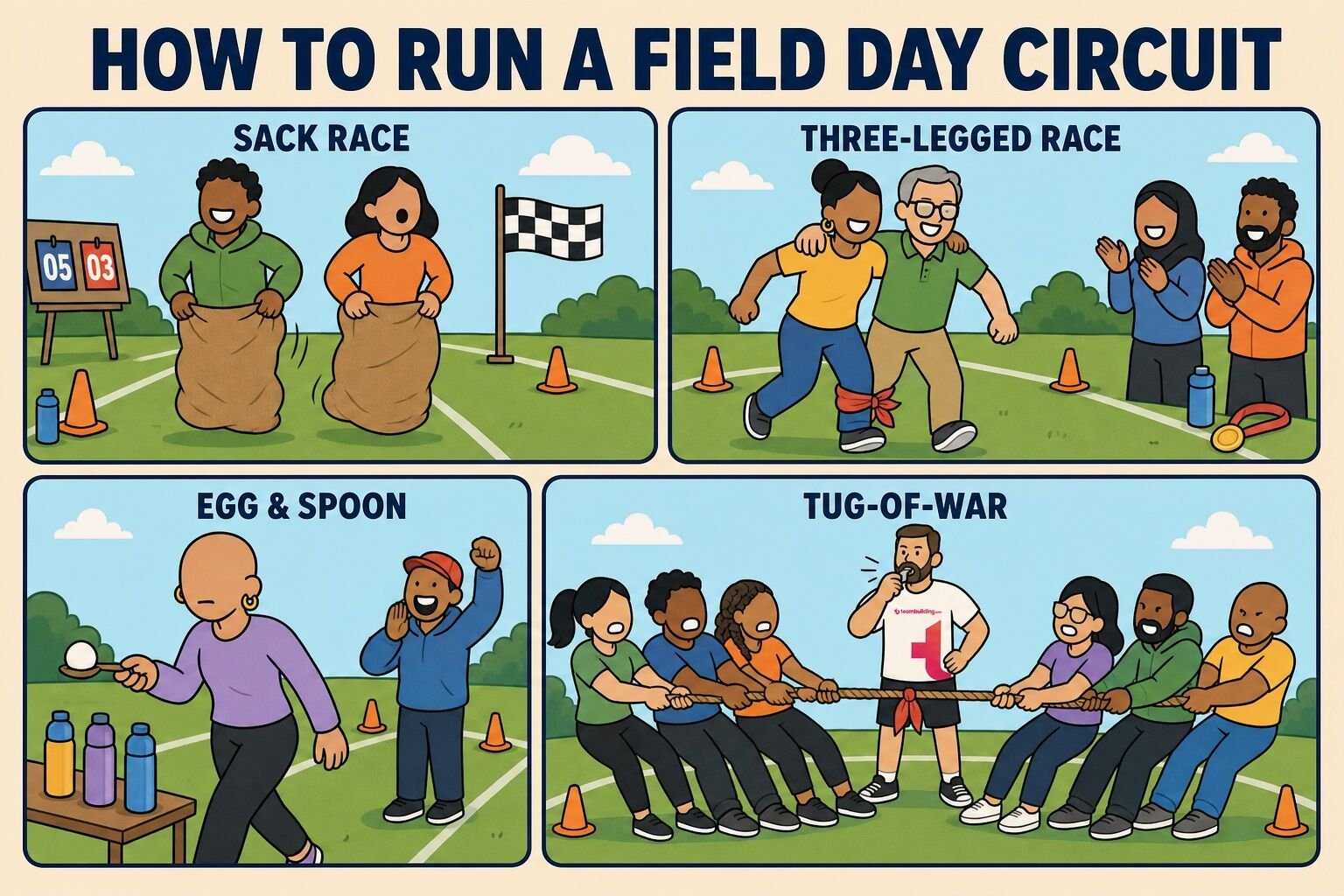 How to run a field day circuit: sack race, three-legged race, egg-and-spoon relay, and tug-of-war stations