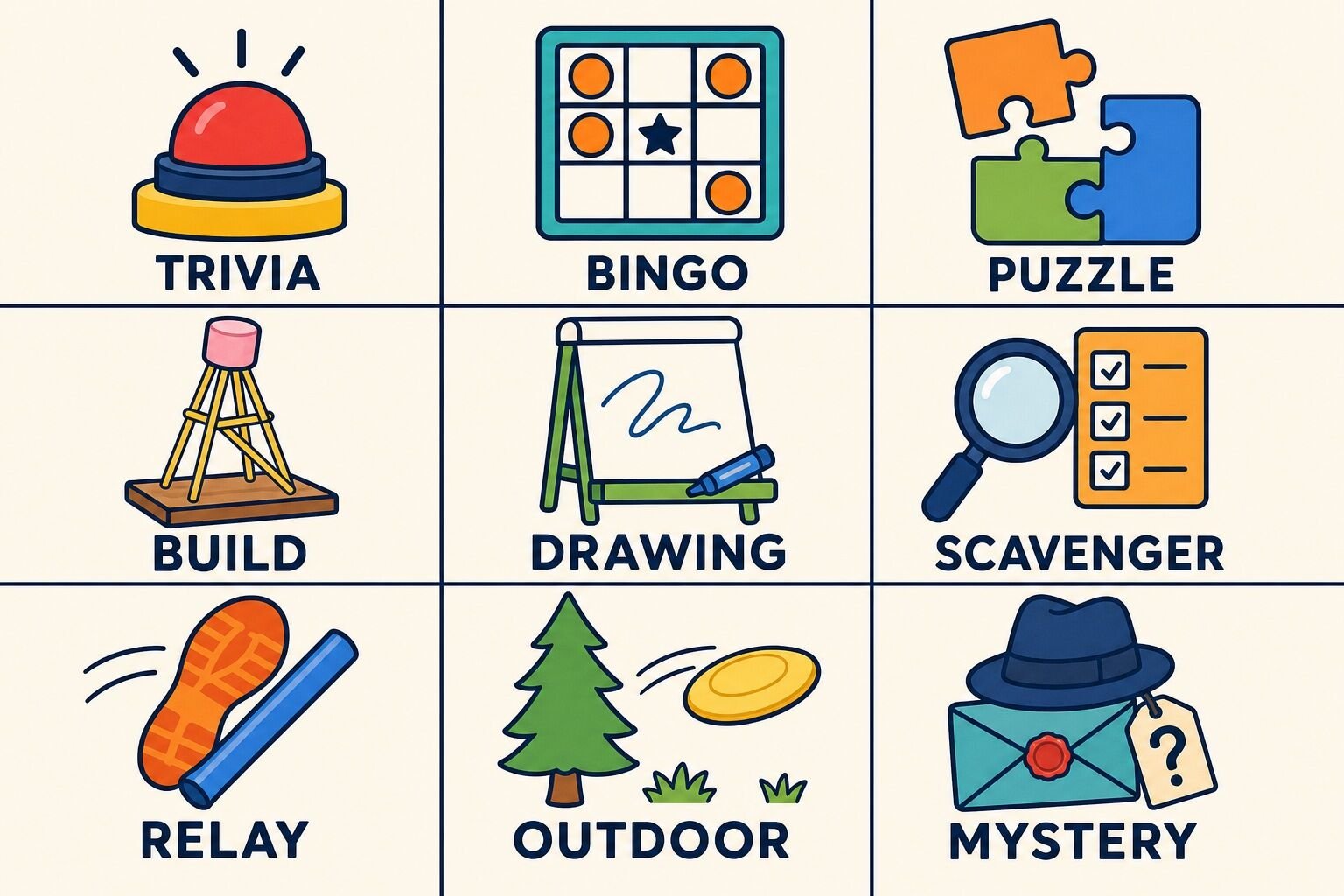 Nine types of team building games: trivia, bingo, puzzle, build, drawing, scavenger, relay, outdoor and mystery