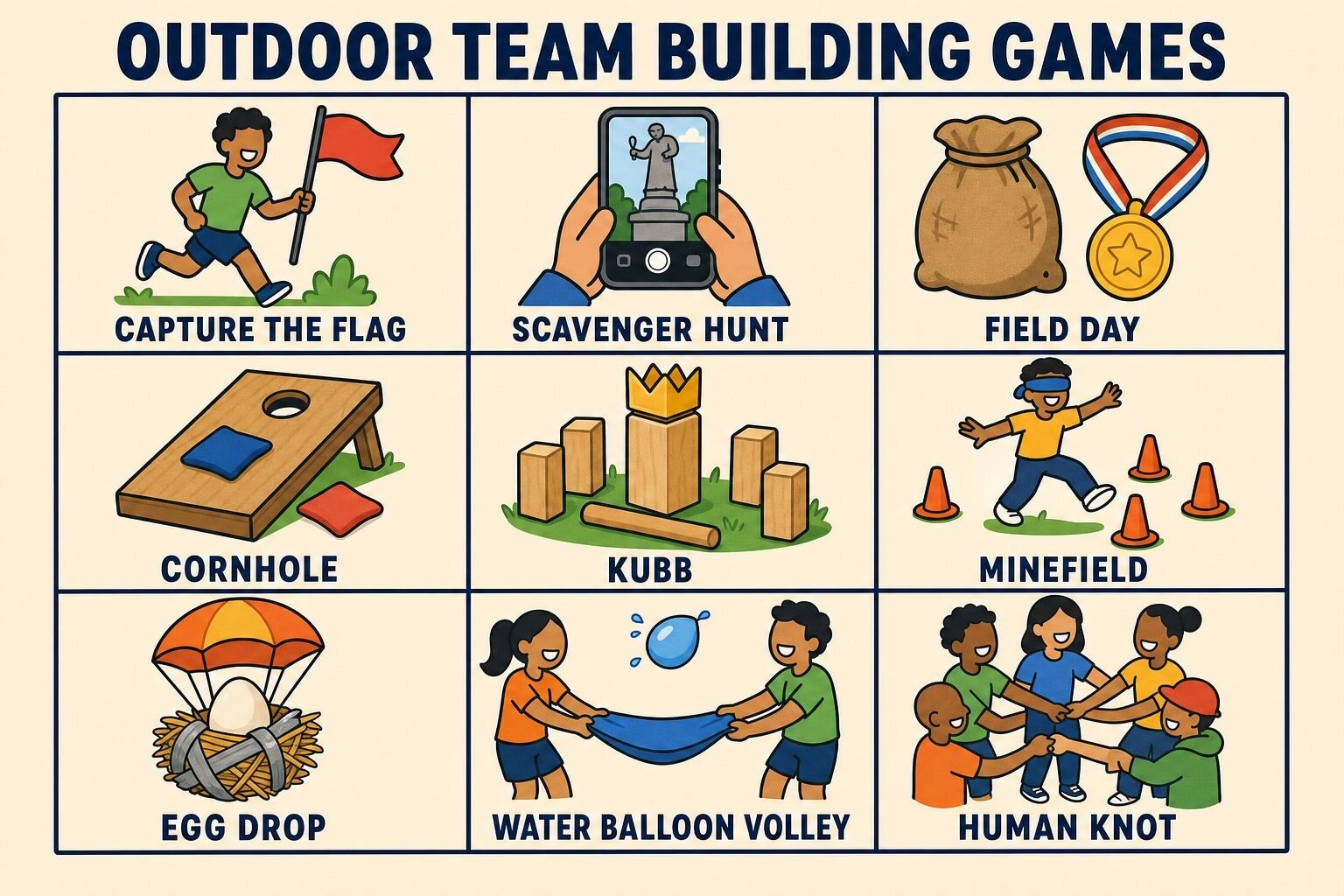 Outdoor team building games: capture the flag, scavenger hunt, field day, cornhole, kubb, minefield, egg drop, water balloon volley, and human knot