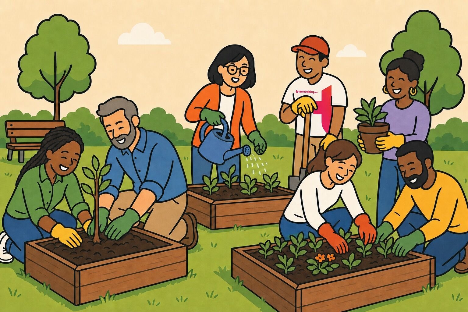A work team volunteering at a park cleanup and community garden planting