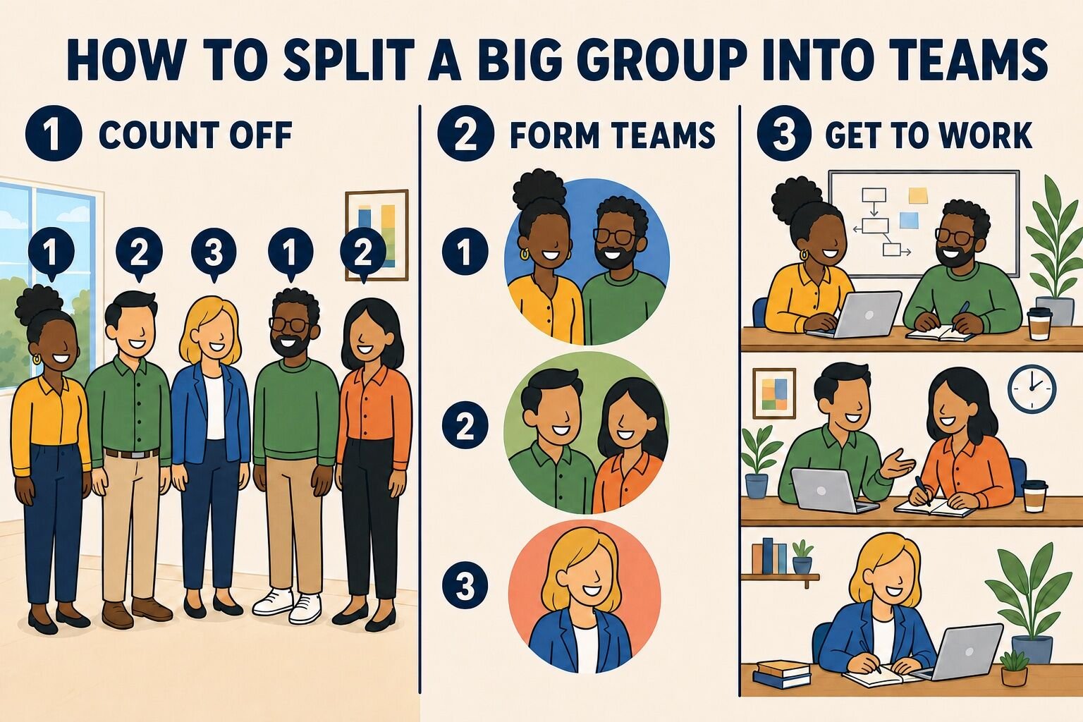 Three ways to split a big group into teams: counting off, drawing lots, and mixing departments