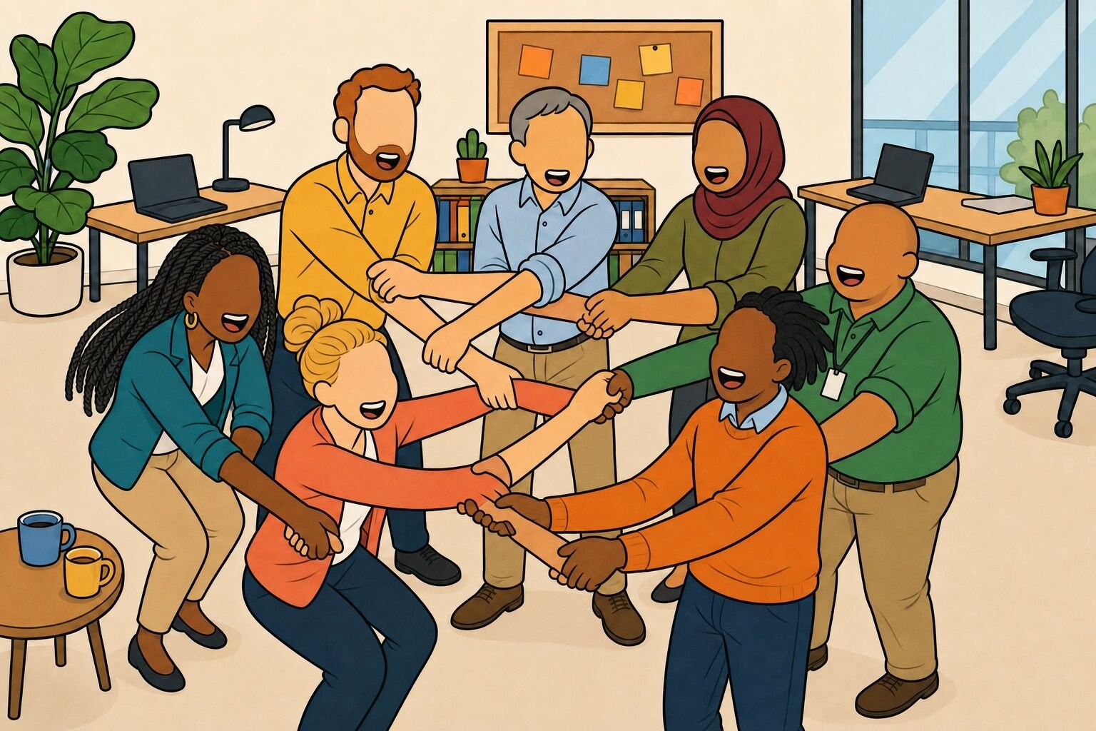 A small team untangling a human knot in an open-plan office