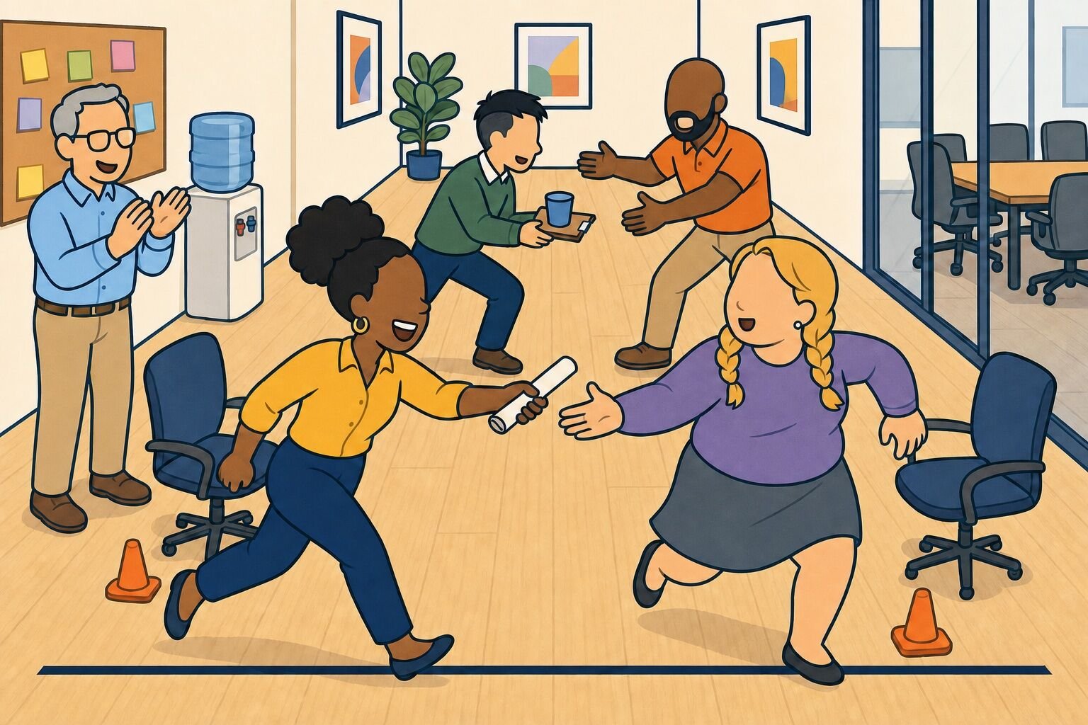 Two teams running an office hallway relay race, passing a paper baton while colleagues cheer