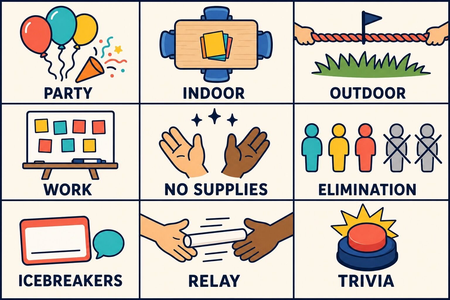 Grid of nine types of large group games: party, indoor, outdoor, work, no supplies, elimination, icebreakers, relay and trivia