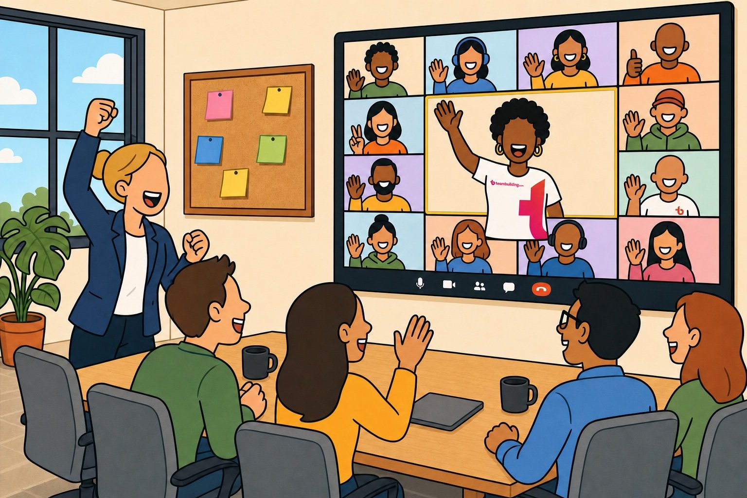 A team in an office conference room playing a hosted online game on a wall screen showing a video-call grid