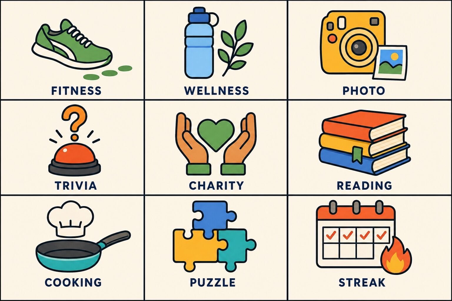 Nine types of virtual team challenges: fitness, wellness, photo, trivia, charity, reading, cooking, puzzle and streak challenges