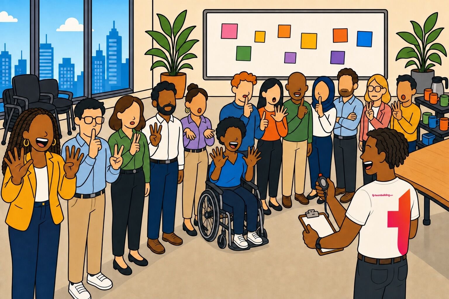 A large group lining up silently using hand signals during a Birthday Lineup game