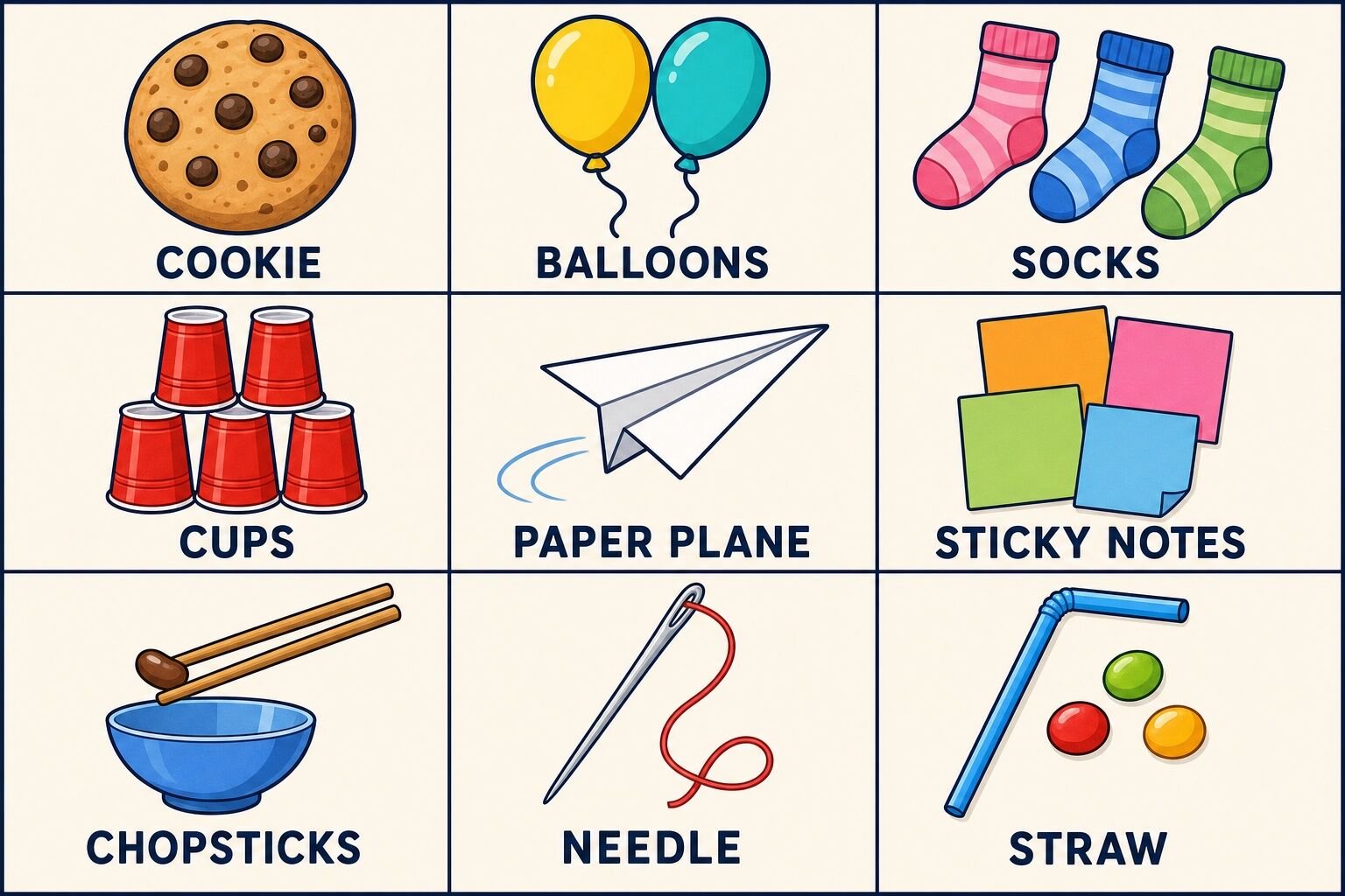 Grid of nine common one minute game supplies: a cookie, balloons, socks, plastic cups, a paper airplane, sticky notes, chopsticks, a needle and thread, and a straw with candy