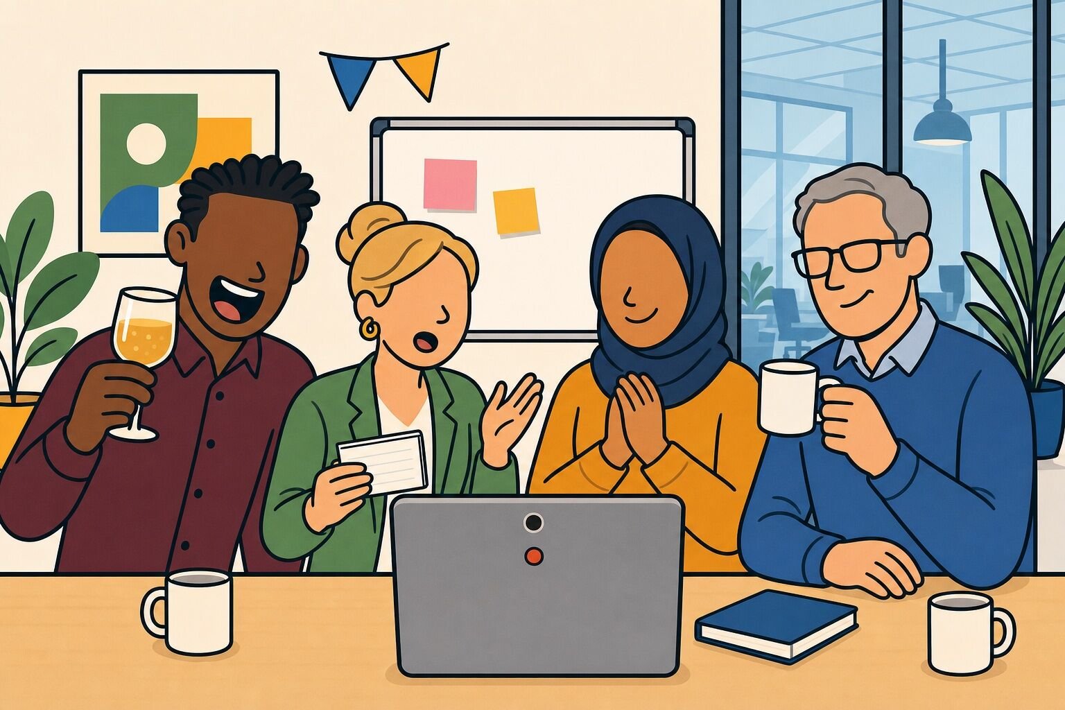 A small team recording a toast video for a remote coworker
