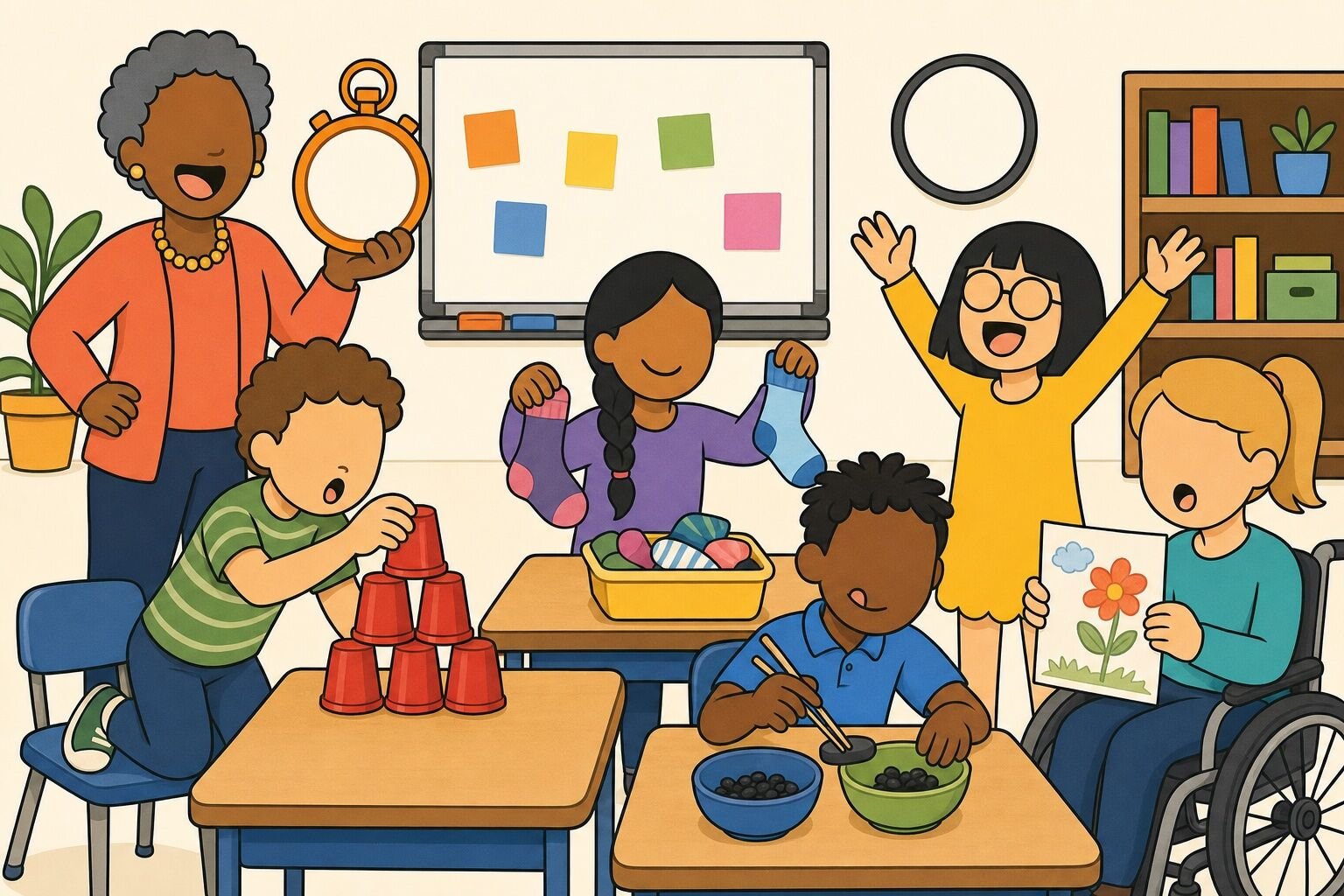 Classroom scene with a teacher holding a stopwatch while students stack cups, match socks, and move beans with chopsticks