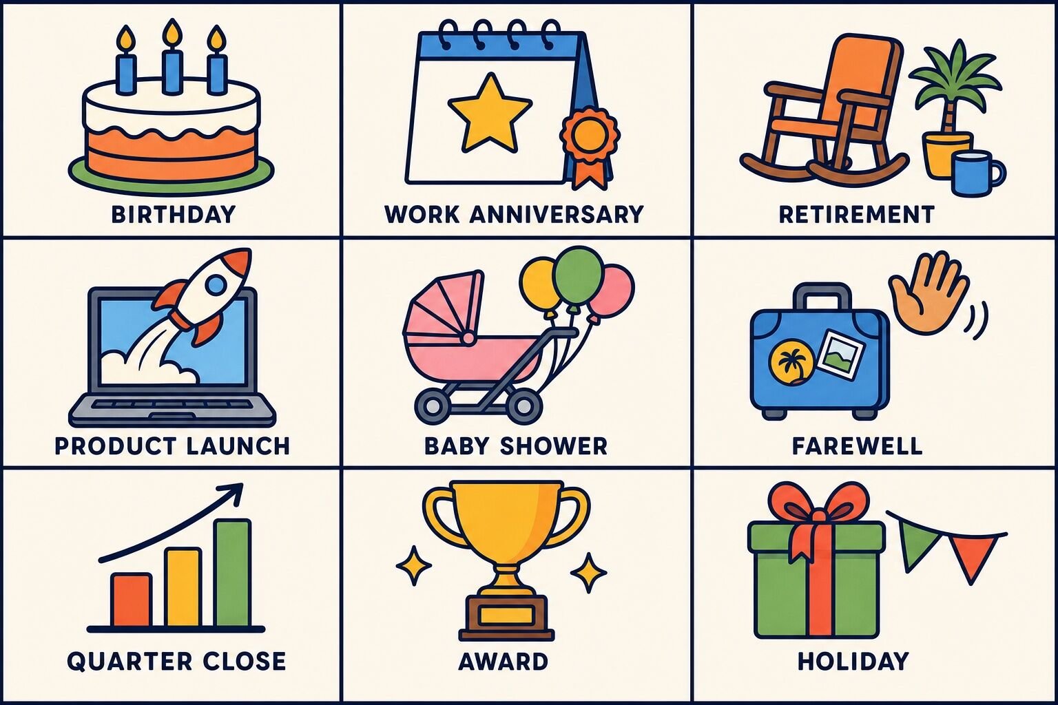 Nine occasions remote teams celebrate: birthday, work anniversary, retirement, product launch, baby shower, farewell, quarter close, award and holiday
