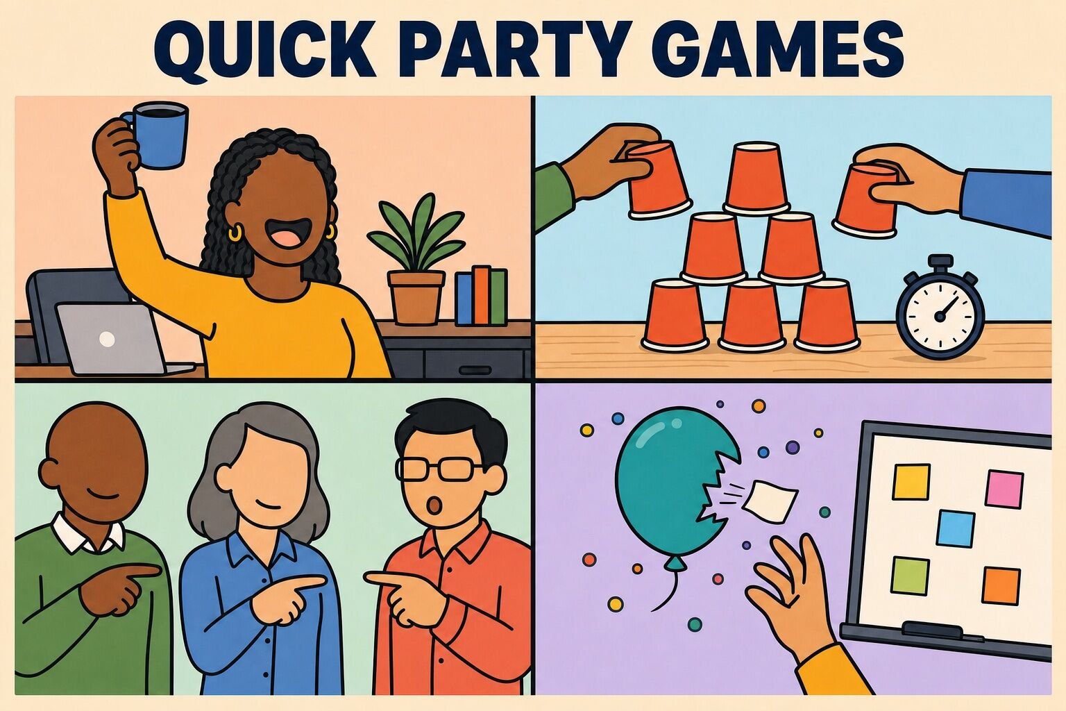 Four quick party games for work: a desk-item scavenger hunt, a cup stack relay, Most Likely To, and a balloon pop countdown