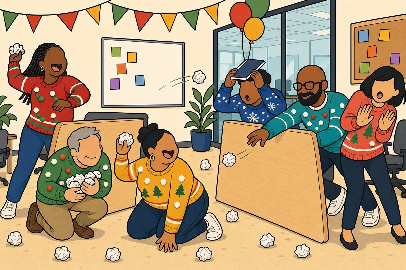 Coworkers in decorated holiday sweaters throwing crumpled paper snowballs across an office at a holiday party
