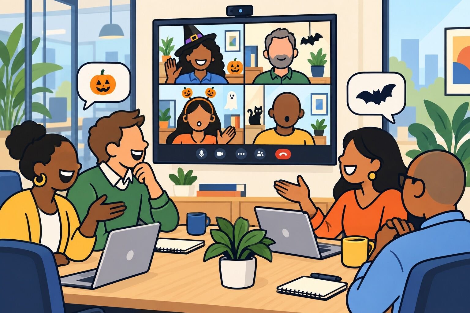 A remote team joins a Halloween conversation with optional seasonal accessories.